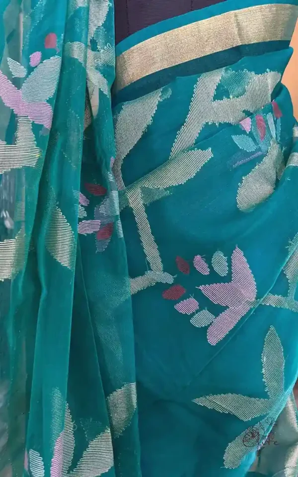 Sea Green Pure Resham Silk Dhakai Jamdani with Golden Zari Border Saree
