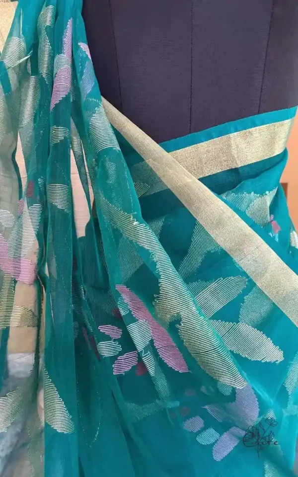 Sea Green Pure Resham Silk Dhakai Jamdani with Golden Zari Border Saree