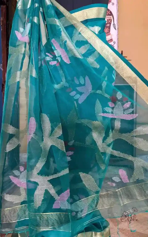 Sea Green Pure Resham Silk Dhakai Jamdani with Golden Zari Border Saree