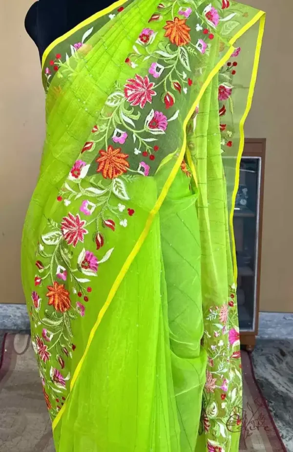 Green on Multicolor Resham Embroidery Cotton Silk Saree