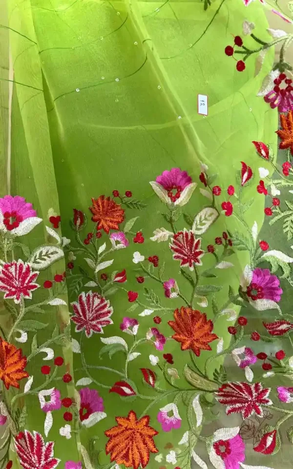 Green on Multicolor Resham Embroidery Cotton Silk Saree