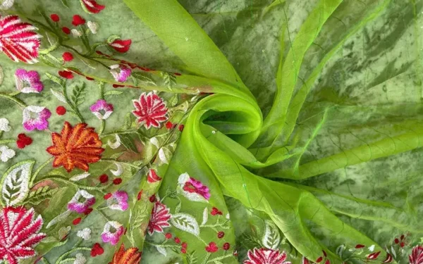 Green on Multicolor Resham Embroidery Cotton Silk Saree