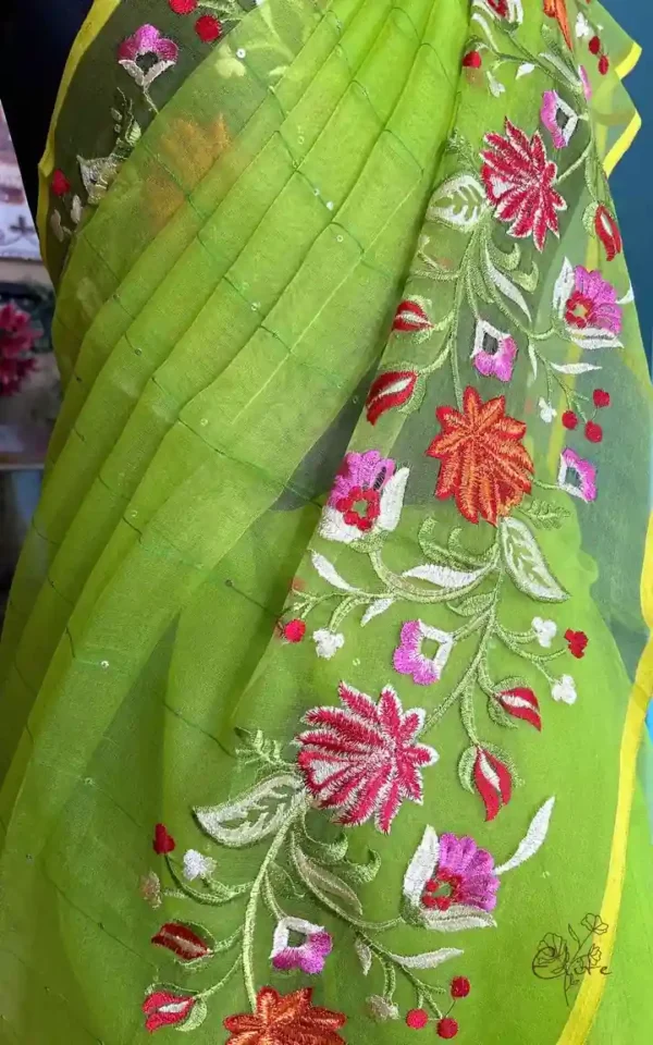 Green on Multicolor Resham Embroidery Cotton Silk Saree