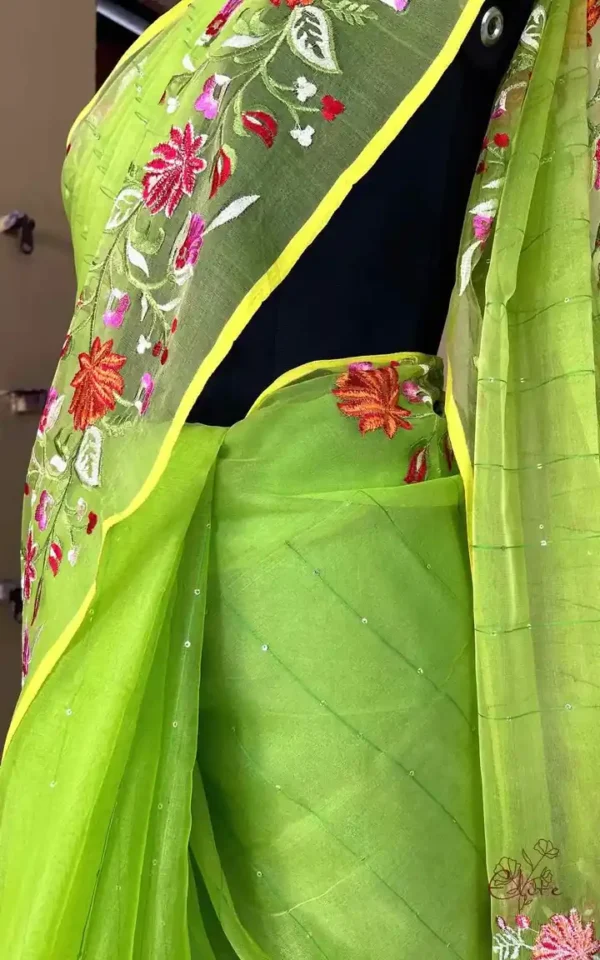 Green on Multicolor Resham Embroidery Cotton Silk Saree