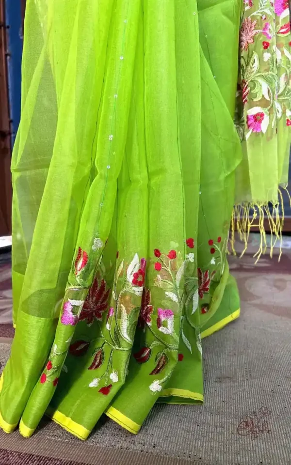Green on Multicolor Resham Embroidery Cotton Silk Saree