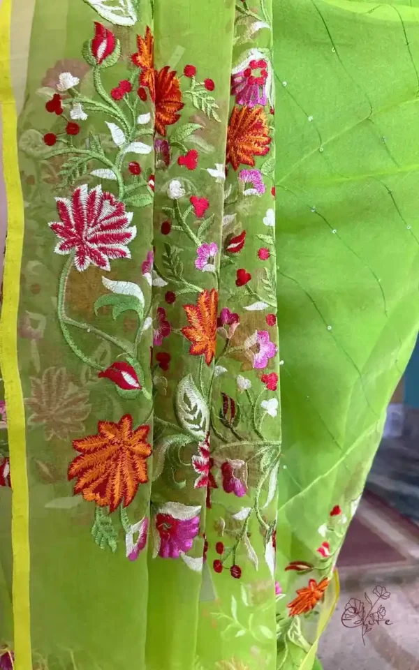 Green on Multicolor Resham Embroidery Cotton Silk Saree