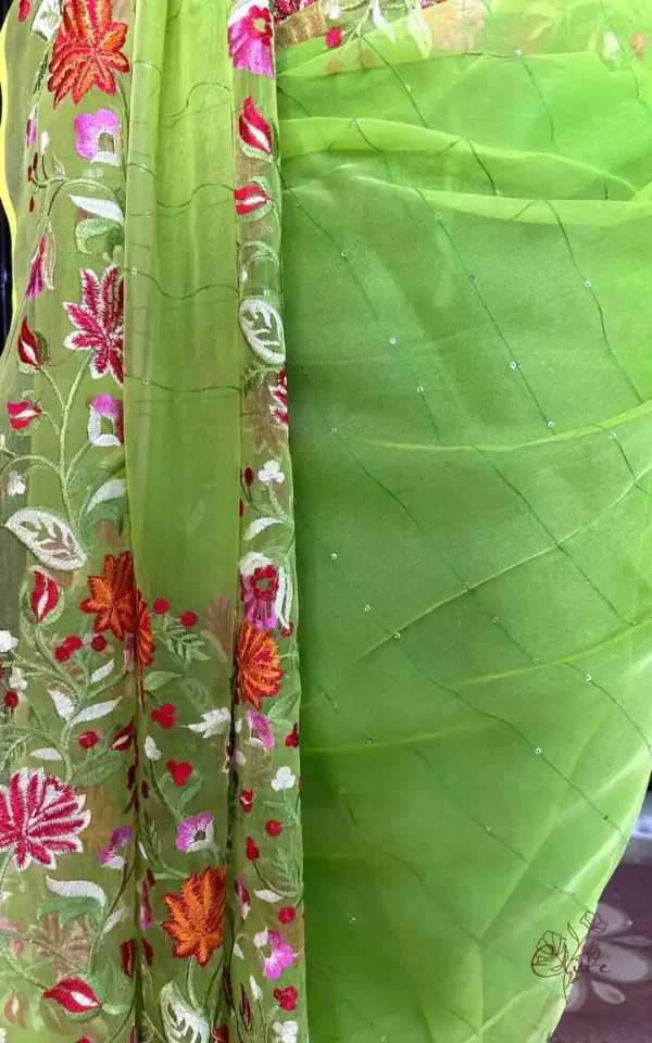 Green on Multicolor Resham Embroidery Cotton Silk Saree