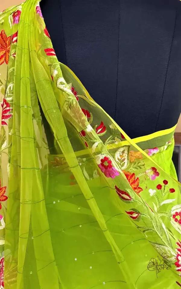 Green on Multicolor Resham Embroidery Cotton Silk Saree