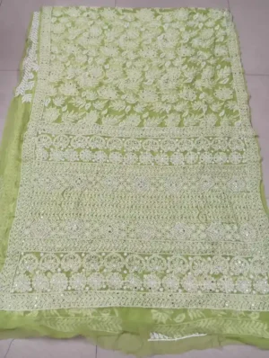 Yellow Georgette Chikankari Saree with White Mukaish Work – Pure Elegance
