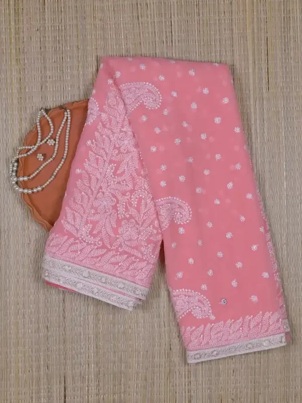 Rose Pink Pure Georgette Lucknowi Chikankari Saree