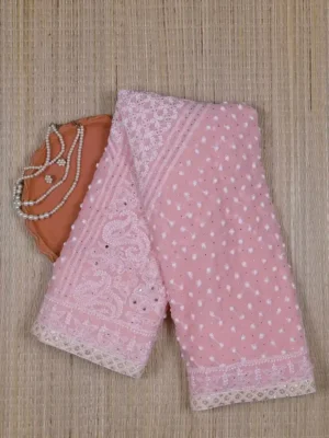 Light Pink Pure Georgette Mukaish Work Lucknowi Chikankari Saree