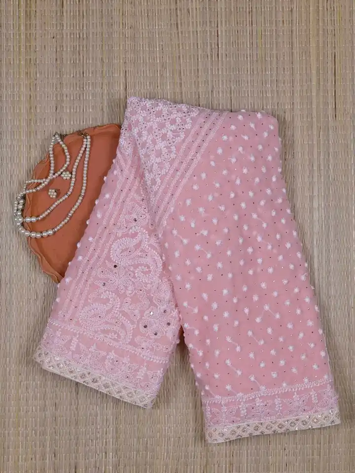 Light Pink Georgette Mukaish Chikankari Saree – Exquisite Elegant Lucknowi Handcraft