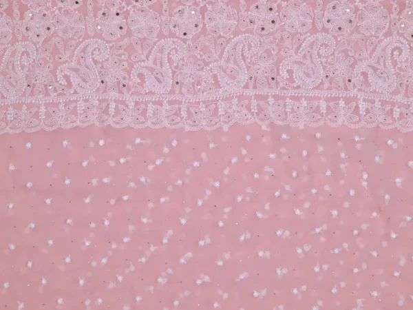 Light Pink Pure Georgette Mukaish Work Lucknowi Chikankari Saree