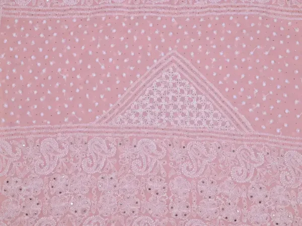 Light Pink Pure Georgette Mukaish Work Lucknowi Chikankari Saree