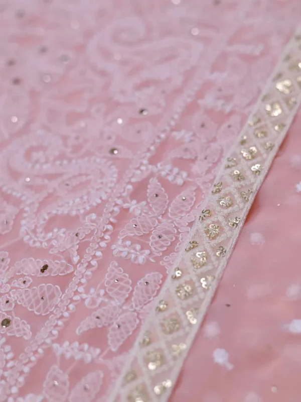 Light Pink Pure Georgette Mukaish Work Lucknowi Chikankari Saree