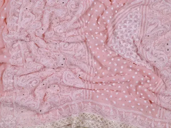 Light Pink Pure Georgette Mukaish Work Lucknowi Chikankari Saree