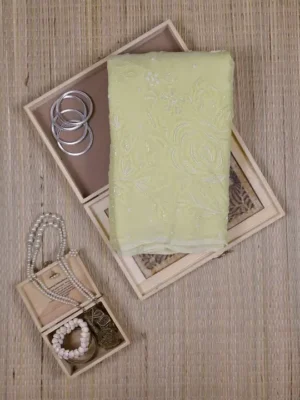 Lemon Green Pure Georgette Pearl Work Lucknowi Chikankari Saree