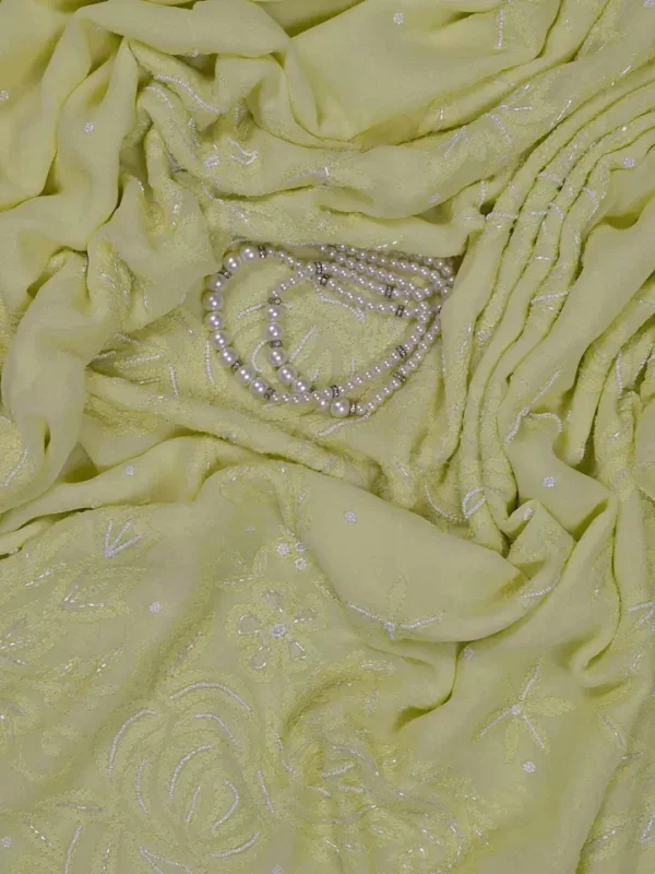 Lemon Green Pure Georgette Pearl Work Lucknowi Chikankari Saree