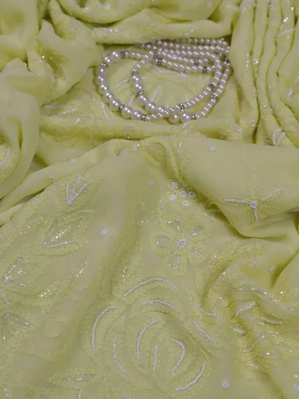 Lemon Green Pure Georgette Pearl Work Lucknowi Chikankari Saree