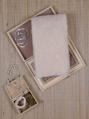 Cream Pure Georgette Pearl Work Lucknowi Chikankari Saree