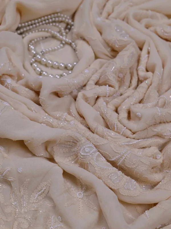 Cream Pure Georgette Pearl Work Lucknowi Chikankari Saree