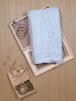 Sky Blue Pure Georgette Mukaish Work Lucknowi Chikankari Saree