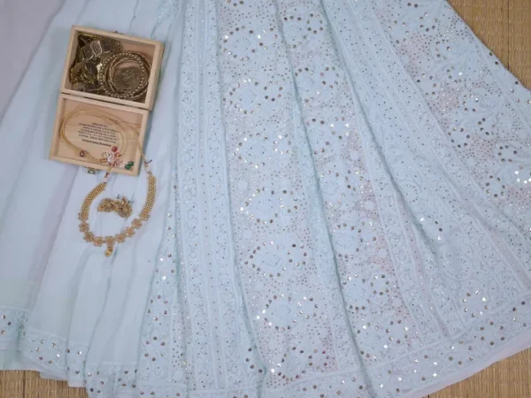 Sky Blue Pure Georgette Mukaish Work Lucknowi Chikankari Saree