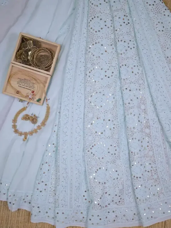 Sky Blue Pure Georgette Mukaish Work Lucknowi Chikankari Saree