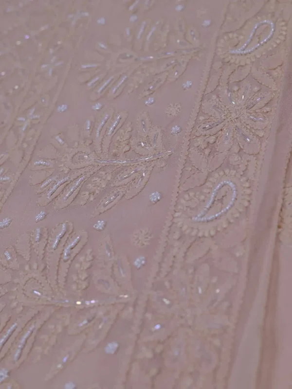 Cream Pure Georgette Pearl Work Lucknowi Chikankari Saree