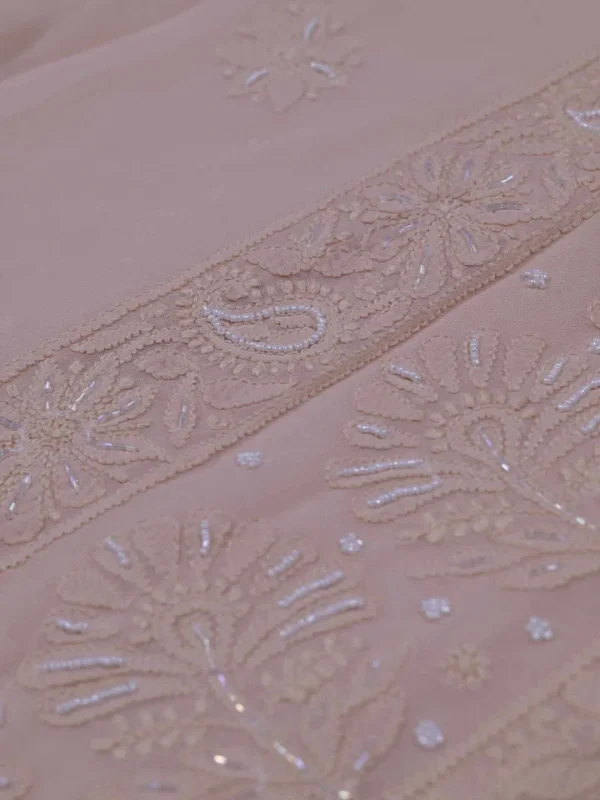 Cream Pure Georgette Pearl Work Lucknowi Chikankari Saree