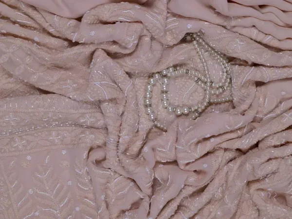 Cream Pure Georgette Pearl Work Lucknowi Chikankari Saree