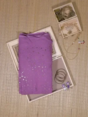 Mauve Pure Georgette Mukaish Work Lucknowi Chikankari Saree