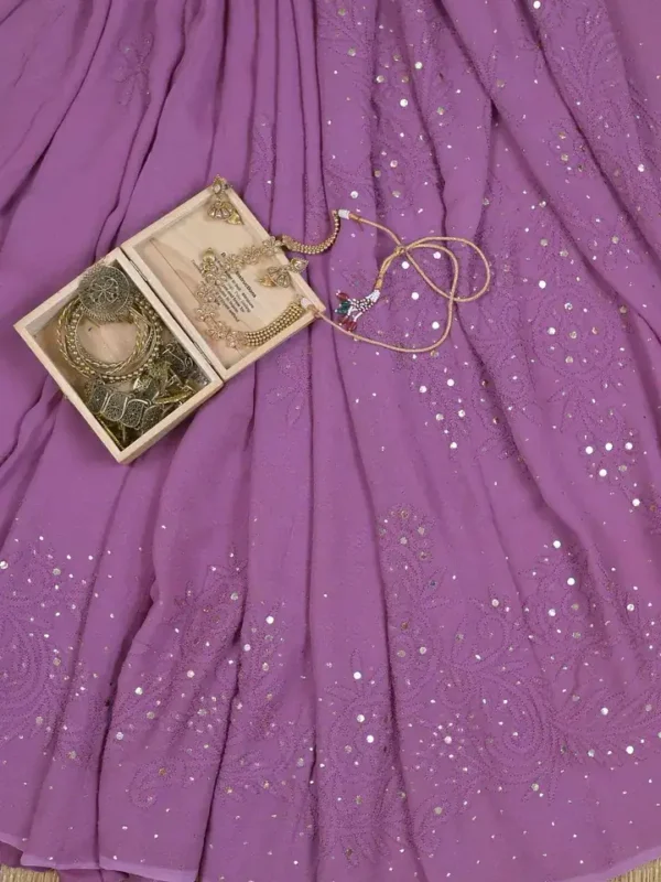 Mauve Pure Georgette Mukaish Work Lucknowi Chikankari Saree
