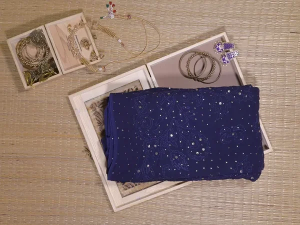 Navy Blue Pure Georgette Mukaish Work Lucknowi Chikankari Saree