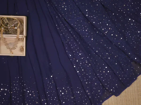 Navy Blue Pure Georgette Mukaish Work Lucknowi Chikankari Saree