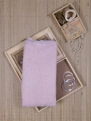 Light Pink Pure Georgette Mukaish Work Lucknowi Chikankari Saree
