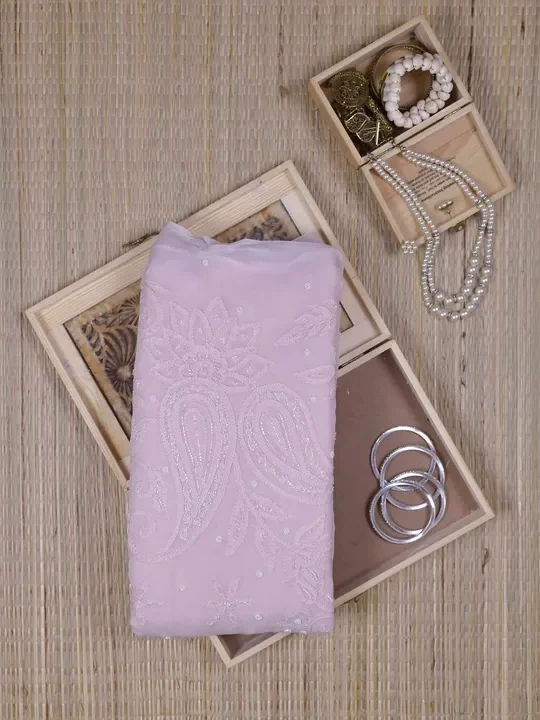 Light Pink Pure Georgette Mukaish Work Lucknowi Chikankari Saree