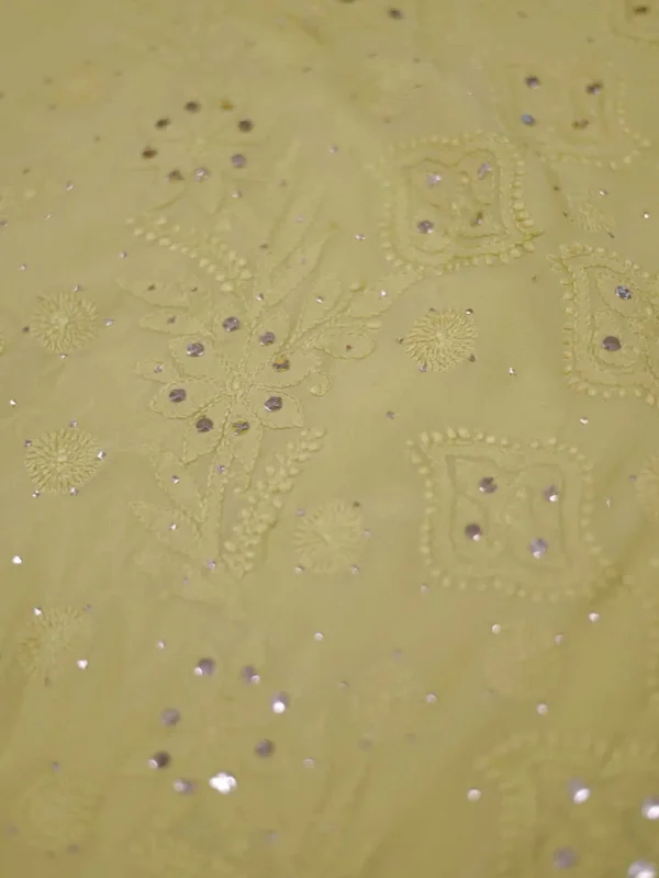 Olive Green Pure Georgette Mukaish Work Lucknowi Chikankari Saree