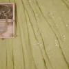 Olive Green Pure Georgette Mukaish Work Lucknowi Chikankari Saree