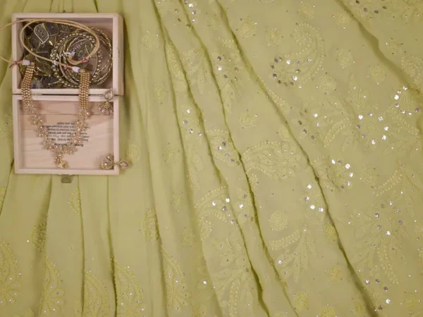 Olive Green Pure Georgette Mukaish Work Lucknowi Chikankari Saree