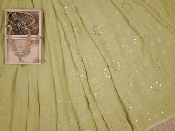 Olive Green Pure Georgette Mukaish Work Lucknowi Chikankari Saree