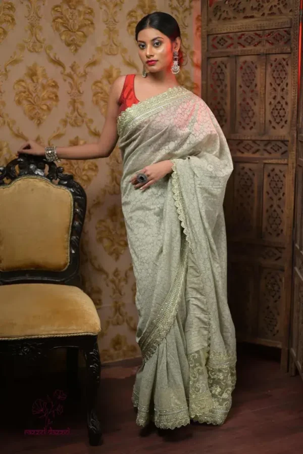 Pesta Embroidered Lace work Border Faux Shimmer Chiffon Saree