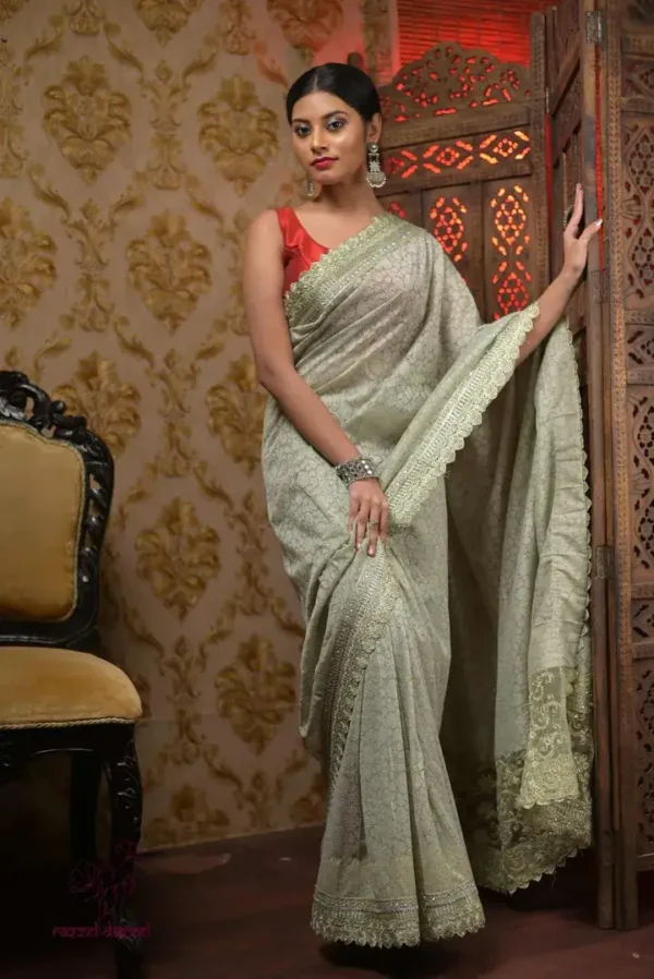 Pesta Embroidered Lace work Border Faux Shimmer Chiffon Saree