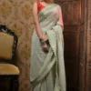 Pesta Embroidered Lace work Border Faux Shimmer Chiffon Saree