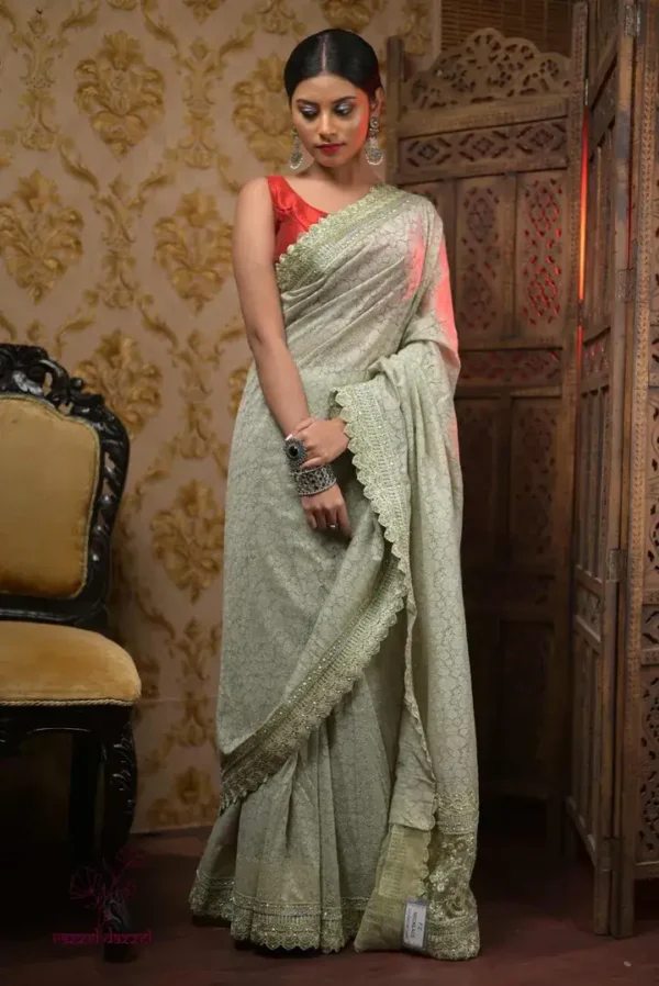 Pesta Embroidered Lace work Border Faux Shimmer Chiffon Saree