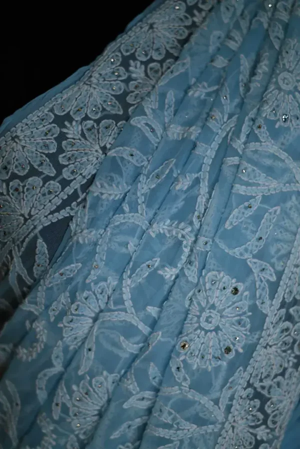 Sky Blue Georgette Chikankari Saree
