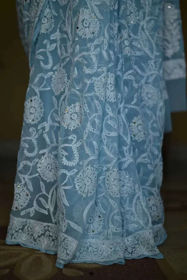 Sky Blue Georgette Chikankari Saree