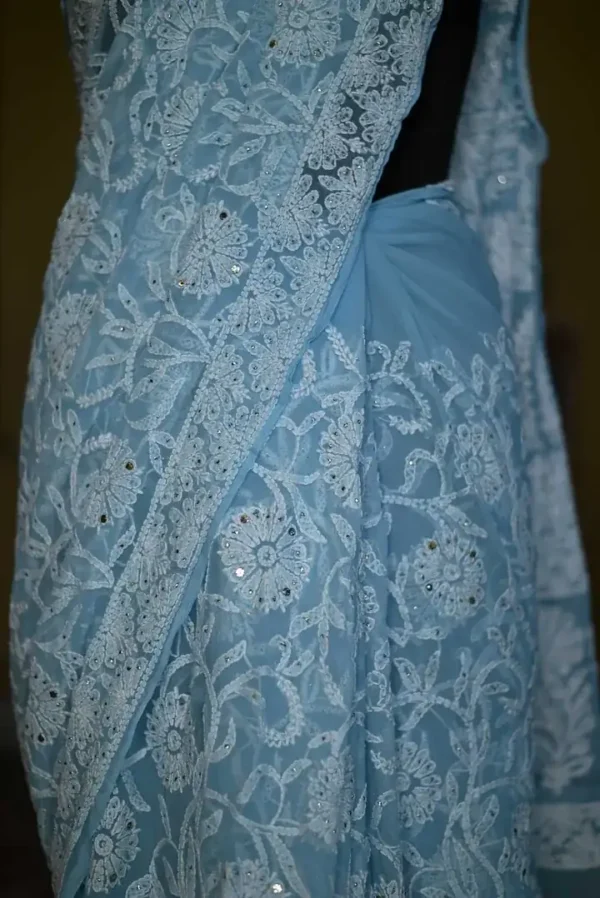 Sky Blue Georgette Chikankari Saree
