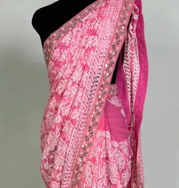 Hot Pink Georgette Chikankari Saree