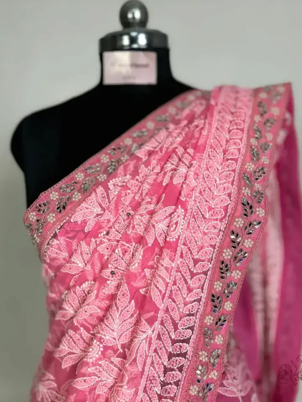 Hot Pink Georgette Chikankari Saree